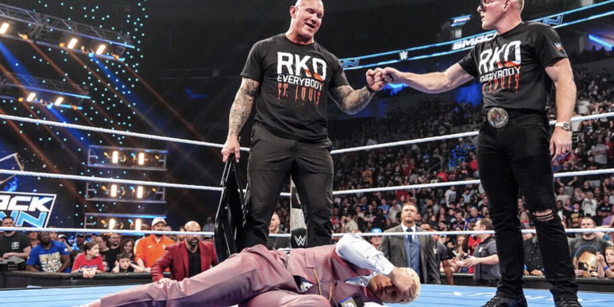 WWE SmackDown Pat McAfee reveal with Randy Orton standing over Cody Rhodes