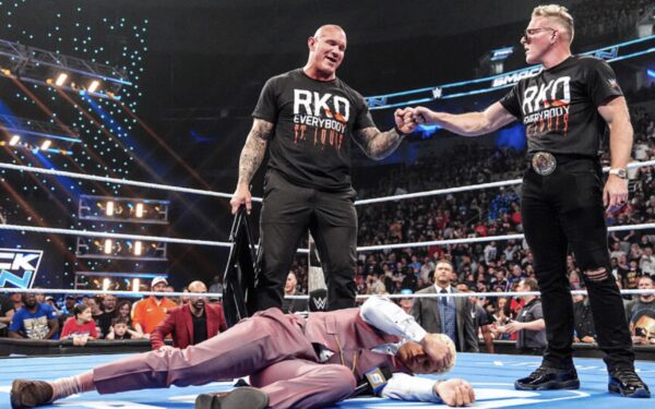 WWE SmackDown Pat McAfee reveal with Randy Orton standing over Cody Rhodes