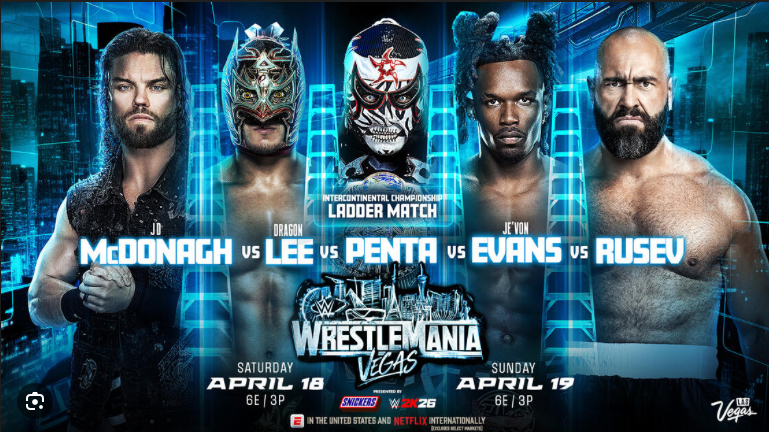 WWE WrestleMania ladder match featuring Penta Dragon Lee JD McDonagh JeVon Evans and Rusev